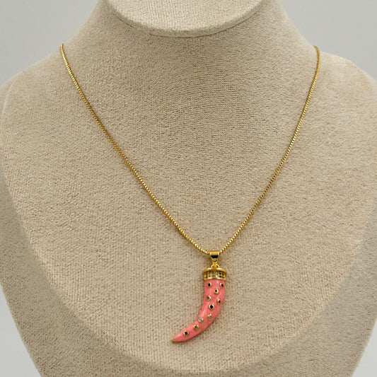 Pink Horn Necklace with Inset Rhinestones