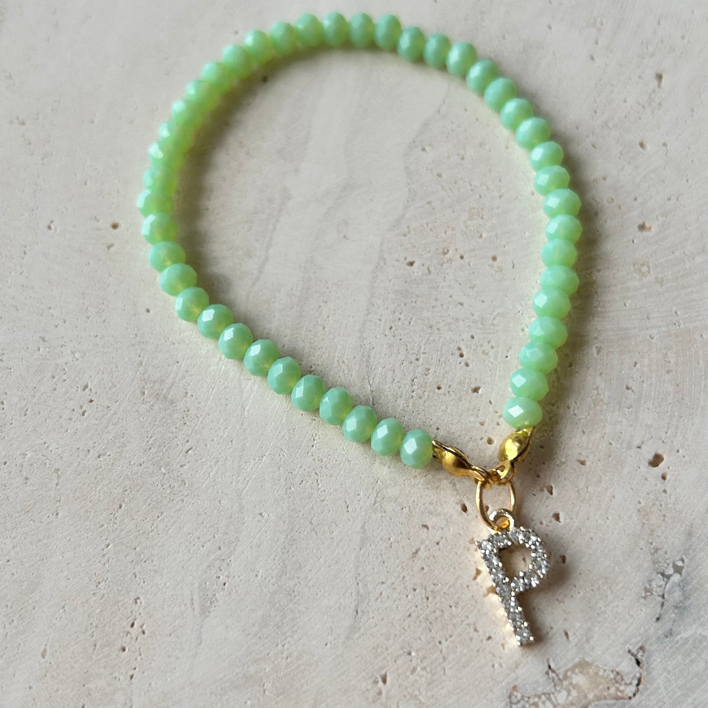 Green Handmade Bracelet with Initial Charm