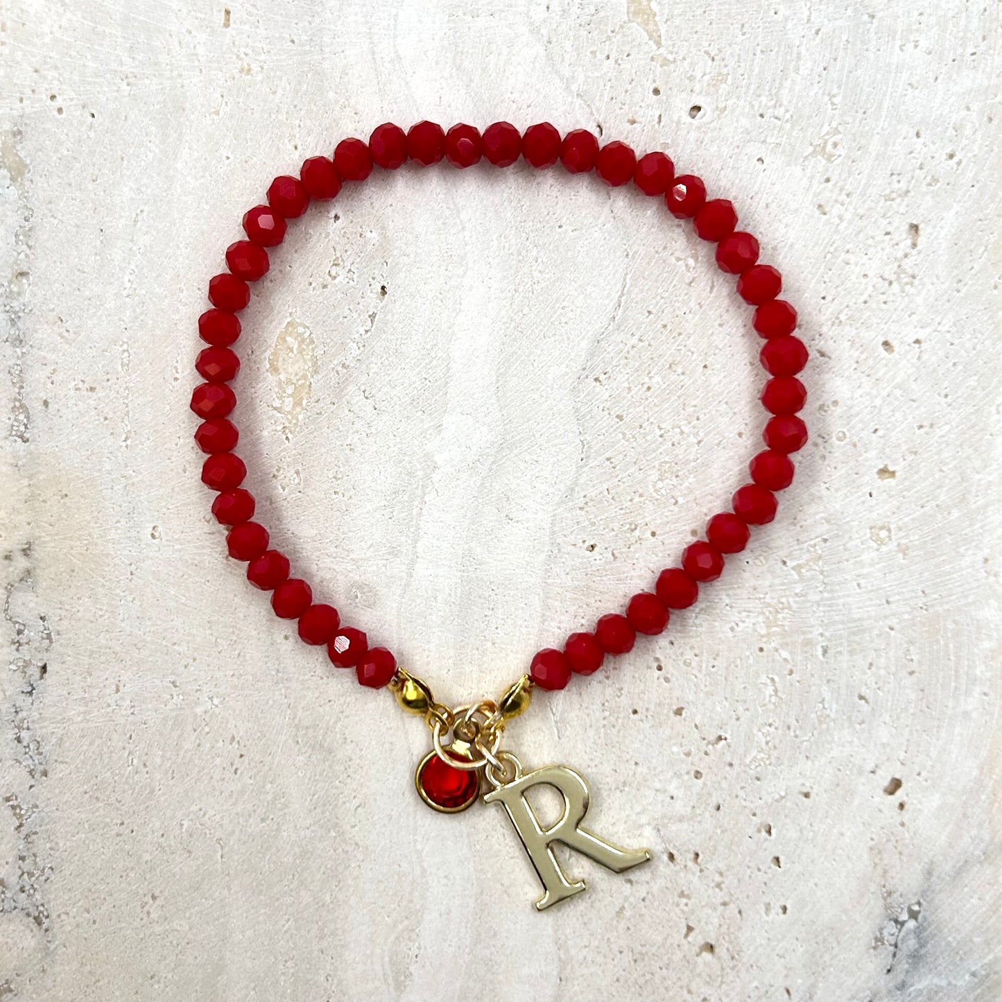 Red Crystal Bead Initial Bracelet with a Stone Charm