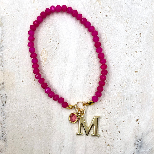 Pink Crystal Bead Initial Bracelet with a Stone Charm